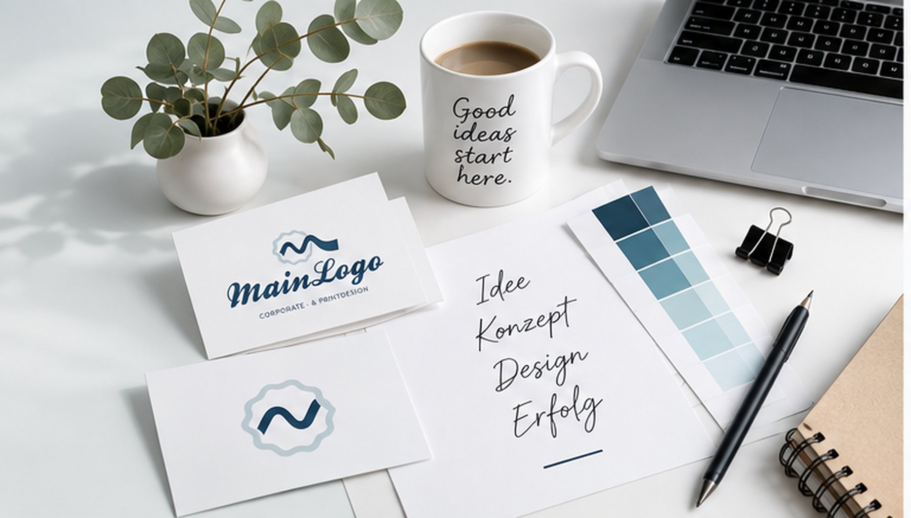 Heller Design-Arbeitsplatz mit Branding-Materialien, Farbmustern und MainLogo Gestaltung